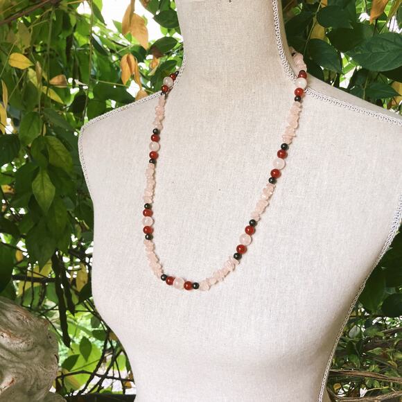 Vintage Rose Quartz Carnelian Beaded Necklace with Sterling Clasp 1980s 1990s - Picture 5 of 13